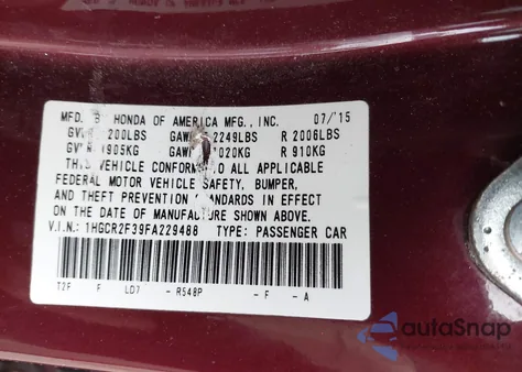 2015 Honda Accord Lx from USA, damaged, VIN 1HGCR2F39FA229488